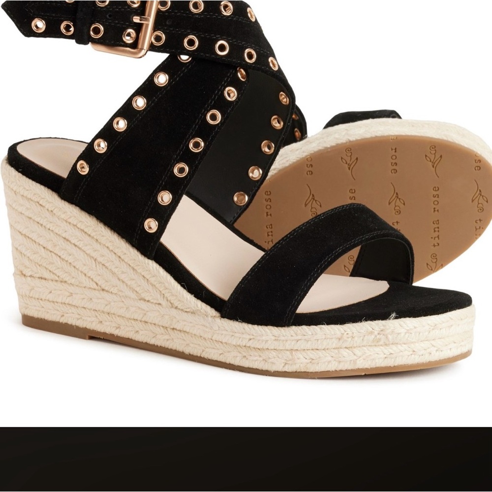Tina Rose sandals Chic Black Wedge Sandals with Gold Accents
